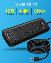 Load image into Gallery viewer, Power Strip,Witeem Surge Protector with 12-Outlet (1875W/15A,4360Joules) and 4 USB Charging Ports (5V/6A,30W),6Ft Extension Cord,Wall Mountable Overload Protection Outlet for Home &amp; Office, Black
