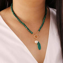 Load image into Gallery viewer, Vivilly Boho Rhinestones Pearl Necklaces Gold Leaf Malachite Drop Pendant Chain Bohemian Fashion Necklace Jewerly for Women and Girls
