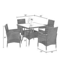 Load image into Gallery viewer, Wisteria Lane 5 Piece Outdoor Patio Dining Set, Wicker Glassed Table and Cushioned Chair, Umbrella Cut Out,Grey
