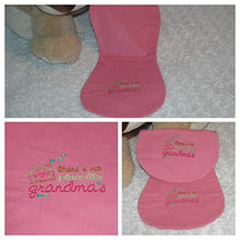 Load image into Gallery viewer, Handmade Embroidered Flannel Burp Cloth, Bubblegum Pink  "There's No Place Like Grandma's" Double sided Hour Glass Shaped Flannel Burp Cloths
