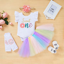 Load image into Gallery viewer, Baby Girl 1st Birthday Cake Smash Outfits Donuts Romper+Tutu Skirt+Headband+Leg Warmers Clothes 4Pcs Set（Colorful 1, 9-12 Months）
