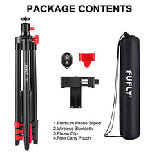 Load image into Gallery viewer, Fufly Phone Tripod, Adjustable Tripod for Phone &amp; Camera, 54in Travel Video Tripod Phone Stand with Bluetooth Remote &amp; Smartphone Holder Fit iPhone Xs/Xr/Xs Max/X/8/Galaxy/Huawei/Samsung/GoPro Camera
