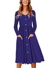 Load image into Gallery viewer, OUGES Women's Long Sleeve V Neck Button Down Midi Skater Dress with Pockets(Blue,M)
