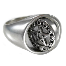 Load image into Gallery viewer, Sterling Silver Moon Phases Rotating Flip Pentacle Ring with Rainbow Moonstone Size 7
