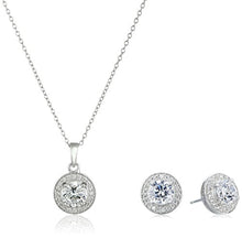 Load image into Gallery viewer, Sterling Silver Cubic Zirconia Halo Pendant Necklace and Stud Earrings Jewelry Set
