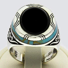 Load image into Gallery viewer, Solid 925 Sterling Silver Rings for Men Turkish Handmade Onyx Stone with Simulated Turquoise Luxury Design Premium Quality (14.75)
