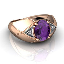 Load image into Gallery viewer, 14kt Rose Gold Amethyst and Diamond 8x6mm Oval Men's Ring - Size 7
