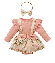 Load image into Gallery viewer, Newborn Infant Baby Girl Ruffle Long Sleeve Ribbed T-Shirt Top Floral Suspender Shorts Headband Winter Clothes (Pink, 0-3 Months)

