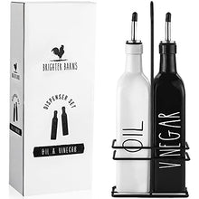 Load image into Gallery viewer, Farmhouse Oil and Vinegar Dispenser Set by Brighter Barns - Black &amp; White Olive Oil Dispenser Bottle with Caddy Holder &amp; Stainless Steel Spout - Cute Modern Vintage Glass Cruet for Kitchen -500ml 17oz
