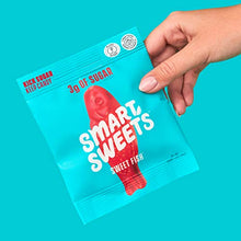 Load image into Gallery viewer, SmartSweets Sweet Fish, Candy with Low Sugar (3g), Low Calorie (100), No Artificial Sweeteners, Vegan, Plant-Based, Gluten-Free, Non-GMO, Healthy Snack for Kids &amp; Adults, 1.8oz (Pack of 12)
