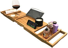 Load image into Gallery viewer, Luxury Bath Caddy Tray for Tub | Bath Table | Premium Bamboo Bathtub Tray for Tub | Fits All Bath Accessories Wine Glass, Books, Tablets, Cellphones, Shampoo, Soap | Bath Shelf Foldable Design
