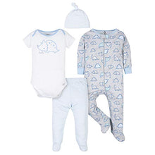 Load image into Gallery viewer, Gerber Baby Girls' 4-Piece Sleep 'N Play, Onesies, Pant and Cap, Blue Dinosaur, 6-9 Months
