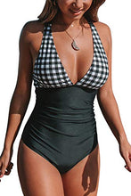 Load image into Gallery viewer, CUPSHE Women's One Piece Swimsuit V Neck Tummy Control Cross Back Vintage Swimwear Bathing Suits White Stripe Floral M
