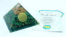 Load image into Gallery viewer, Malachite Orgone Pyramid - Crystals and Healing Stones - Positive Energy Generator Orgonite Pyramid - EMF blocker - Meditation Crystals and Healing Stones- Flower of Life - Orgonite Pyramid
