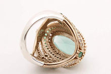 Load image into Gallery viewer, Turkish Handmade Jewelry Long Oval Shape Aquamarine and Round Cut Emerald Topaz 925 Sterling Silver Ring Size All
