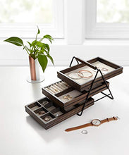 Load image into Gallery viewer, Umbra 1004037-048 Terrace Jewelry Tray – Three-Tier Jewelry Tray With Three Sliding Linen Lined Wood Trays With Metal Frame and Handle, Easy Storage and Access, Black/Walnut Finish
