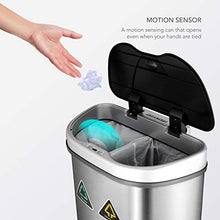 Load image into Gallery viewer, NINESTARS Automatic Touchless Infrared Motion Sensor Trash Can/Recycler with D Shape Silver/Black Lid &amp; Stainless Base, 18 Gal, Stainless Steel
