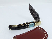 Load image into Gallery viewer, Damascus Knives Laguiole Style Pocket Knife Ram Horn &amp; Turquoise Handle With Leather Sheath Made in Ancient Persian Indus Valley
