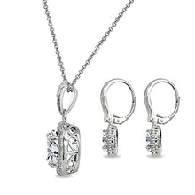 Load image into Gallery viewer, Sterling Silver Simulated Emerald &amp; White Topaz Oval Halo Necklace &amp; Leverback Earrings Set

