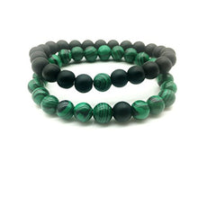 Load image into Gallery viewer, Set of 2 Womens Mens 8mm Handmade Couples Distance Beads Bracelets Friendship Couple Jewelry Round Energy Stone Beads Gemstone Beaded for Valentine Birthday (Malachite Stone &amp; Black Matte Agate)
