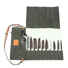 Load image into Gallery viewer, SmarTopus Chef Knife Roll Bag - Handmade Waxed Canvas and Leather Knife Bag Stores 10 Knives + Zipper Pocket and Shoulder Strap
