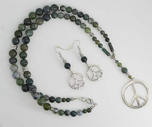 Load image into Gallery viewer, Moss Agate jewelry beaded pendant necklace set handcrafted one of a kind peace signs 25" long
