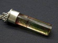 Load image into Gallery viewer, bi-color tourmaline pendant, watermelon tourmaline crystal pendant, pink green crystal necklace, raw crystal pendant mens gift for women
