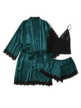 Load image into Gallery viewer, LYANER Women's Lace Cami Top and Shorts Satin Silk Lingerie Set with Robe Pajamas Sleepwear Dark Green Small
