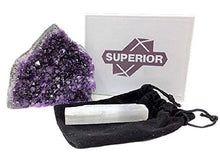 Load image into Gallery viewer, SUPERIOR Amethyst Cluster - 1 lb to 1.5 lbs - Uruguayan Amethyst Crystals. Includes a Bonus 3 inch Selenite Wand in a Velvet Bag
