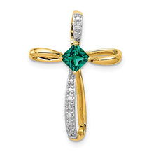 Load image into Gallery viewer, Solid 14k Yellow Gold Two Toned Lab Created Emerald Green May Gemstone and Diamond Cross Pendant Charm
