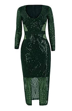 Load image into Gallery viewer, Womens Sequin Dress Geometric Tattoo Floral See Through Patchwork Bodycon Clubwear Mini Dress Dark Green Small/US 0-2
