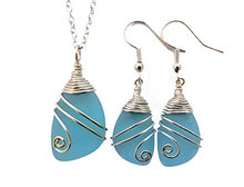 Load image into Gallery viewer, Handmade in Hawaii, Wire wrapped turquoise bay blue sea glass Necklace+Earrings Set,"December Birthstone", (Hawaii Gift Wrapped, Customizable Gift Message)
