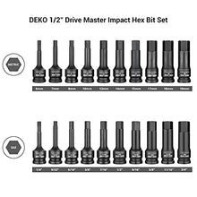 Load image into Gallery viewer, DEKOPRO 1/2" Drive Master Impact Hex Bit Set, Hex Driver,20Piece, Cr-Mo Steel, SAE/Metric, 1/4" - 3/4", 6mm - 19mm, Meets ANSI Standards, Dual Size Markings, Heavy Duty Storage Case
