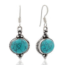 Load image into Gallery viewer, 925 Sterling Silver Blue Turquoise Gemstone Indian Inspired Vintage Oval Dangle Hook Earrings 1.5"
