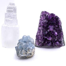 Load image into Gallery viewer, Dancing Bear Amethyst Cluster Cut Base (up to ½ lb), Celestite, Selenite Tower (3" Tall), Healing Crystal (3 Pc Set) Premium Grade A, Bohemian Home Décor, Natural Good Vibes, Metaphysical Info Cards
