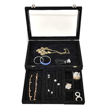 Load image into Gallery viewer, VIEFIN Velvet Stackable Jewelry Tray with Lid, Earring Drawer Insert Display Show Case, Dresser Organizer for Ring Stud, Necklace Holder Storage Box Chest,Black 4 in 1(with lid)
