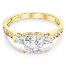 Load image into Gallery viewer, Ioka - 1.5 Ct. Cubic Zirconia CZ 3 Stone Princess Cut Engagement Ring Solid 14K Yellow Gold With Stones in Band - Size 5 - Size 5
