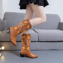 Load image into Gallery viewer, Padaleks Women's Wide Calf Knee High Pull On Fall &amp; Winter Boots Low Heels Retro Pointed Toe Embroidered Short Bootie Work Boot
