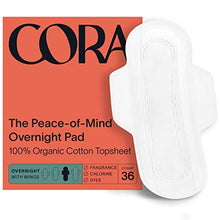 Load image into Gallery viewer, Cora Organic Pads | Ultra Thin Period Pads with Wings | Overnight Absorbency | Ultra-Absorbent Sanitary Pads for Women | 100% Organic Cotton Topsheet (36 Count)

