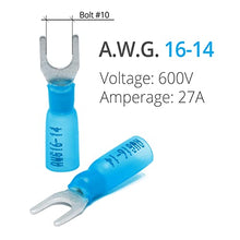 Load image into Gallery viewer, Wirefy 130 PCS Heat Shrink Fork Connectors #10 - Marine Grade Fork Terminals - Spade Fork Wire Connectors - Blue 16-14 Gauge
