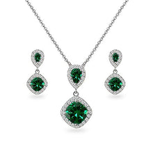 Load image into Gallery viewer, Sterling Silver Simulated Emerald &amp; White Topaz Dangle Earrings &amp; Necklace Set
