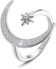 Load image into Gallery viewer, Milacolato Sterling Silver Moon Rings for women Adjustable Platinum Plated 5A Cubic Zirconia Crescent Moon Star Rings
