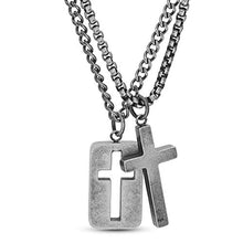 Load image into Gallery viewer, Steve Madden 28" Oxidized Stainless Steel Box and Curb Chain Cross Pendant and Dogtag Duo Necklace Set For Men
