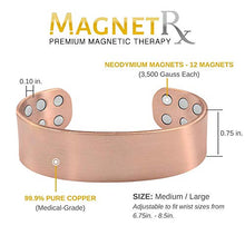 Load image into Gallery viewer, MagnetRX® Pure Copper Magnetic Bracelet - Arthritis Pain Relief &amp; Carpal Tunnel Magnetic Therapy Copper Bracelets - Adjustable Wide Copper Cuff Bracelet with 12 Magnets (Brushed Copper, M/L)
