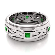 Load image into Gallery viewer, Diamondere Natural and Certified Princess Cut Emerald Wedding Band Ring in 14k White Gold | 0.60 Carat Celtic Knot Ring for Mens, US Size 11.5

