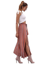 Load image into Gallery viewer, Simplee Women's Elegant Striped Split High Waisted Belted Flowy Wide Leg Pants, Rust Red Stripe, 4/6, Small
