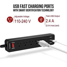 Load image into Gallery viewer, SUPERDANNY USB Surge Protector Power Strip Mountable Extension Cord Multiple Protection 5 Outlet 3 USB Port with Hook &amp; Loop Fastener for iPhone iPad PC Home Office Travel Black
