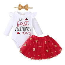 Load image into Gallery viewer, My First Valentine's Day Newborn Baby Girl Outfit Long Sleeve Romper + Valentine's Tutu Skirt + Headband 3PCS Clothing Set (White, 6-12 Months)
