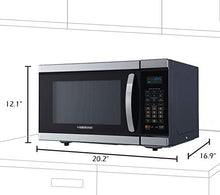 Load image into Gallery viewer, Farberware Black FMO11AHTBSJ 1.1 Cu. Ft 1100-Watt Microwave Oven with Smart Sensor Cooking, Inverter Technology, ECO Mode and Blue LED Lighting, Black Stainless Steel
