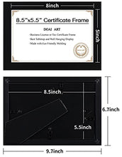 Load image into Gallery viewer, DOAI ART 8.5 x 5.5 Business License Frame Black, Professionals 5.5 x 8.5 Certificate Frames Fit Diploma, Document and Tax Certificate Self Standing with Wall Hangers
